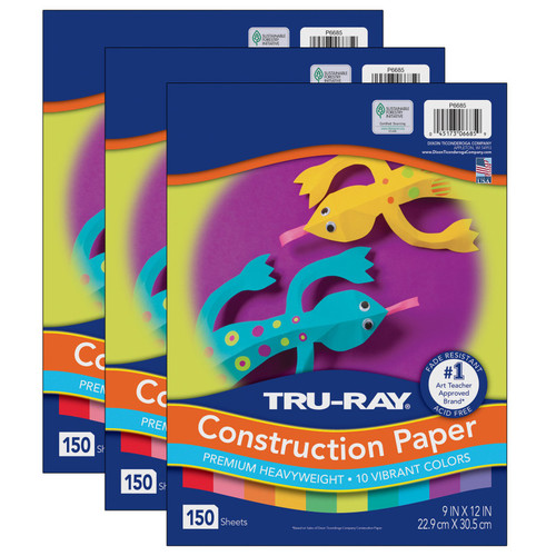 Tru-Ray Construction Paper, Heavyweight, 10 Vibrant Colors, 9" X 12", 150 Sheets Per Pack, 3 Packs PAC6685-3