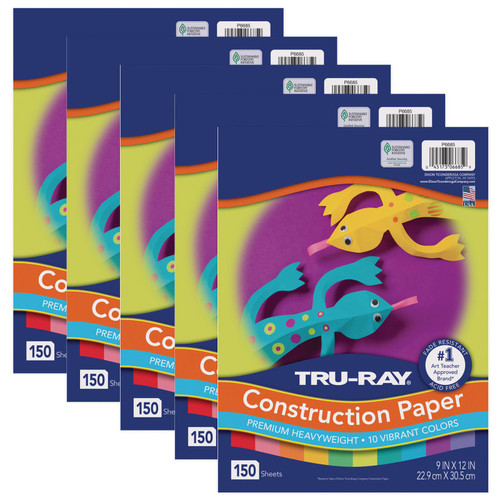 Tru-Ray Construction Paper, Heavyweight, 10 Vibrant Colors, 9" X 12", 150 Sheets Per Pack, 5 Packs PAC6685-5