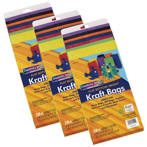 Creativity Kraft Bag, Assorted Bright Colors, 6" X 3-5/8" X 11", 28 Per Pack, 3 Packs PAC72140-3