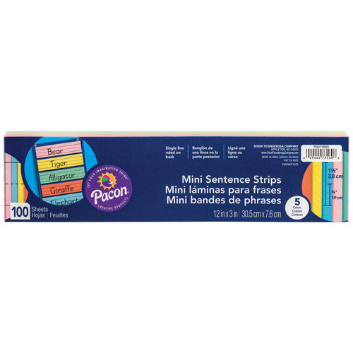 Pacon Mini Sentence Strips, 5 Assorted Colors, 1-1/2" X 3/4" Ruled, 3" X 12", 100 Strips PAC73560