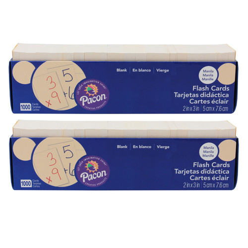 Pacon Blank Flash Card Dispenser Box, Manila, Unruled 3" X 2", 1000 Cards Per Pack, 2 Packs PAC74000-2