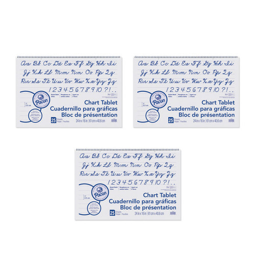 Pacon Chart Tablet, Cursive Cover, 1" Ruled, 24" X 16", 25 Sheets Per Tablet, 3 Tablets PAC74620-3