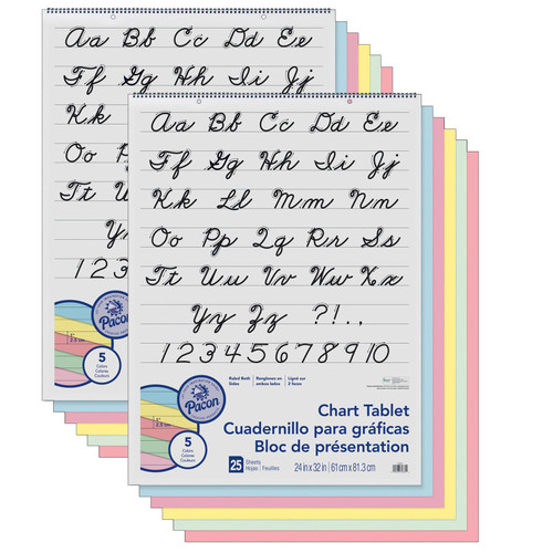 Pacon Colored Paper Chart Tablet, Cursive Cover, 5 Assorted Colors, 1" Ruled, 24" X 32", 25 Sheets, Pack Of 2 PAC74731-2