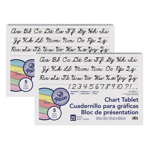 Pacon Colored Paper Chart Tablet, Cursive Cover, 5 Assorted Colors, 1" Ruled, 24" X 16", 25 Sheets, Pack Of 2 PAC74732-2