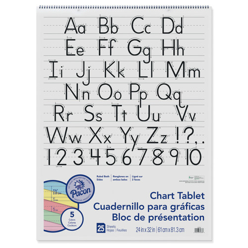 Pacon Colored Paper Chart Tablet, Manuscript Cover, 5 Assorted Colors, 1-1/2" Ruled, 24" X 32", 25 Sheets PAC74733