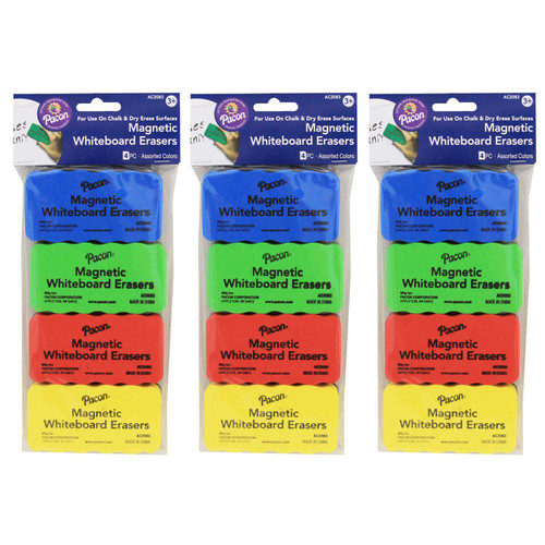 Pacon Magnetic Chalk & Whiteboard Eraser, 4 Assorted Colors, 2.25" X 4.25", 4 Erasers Per Pack, 3 Packs PACAC2083-3