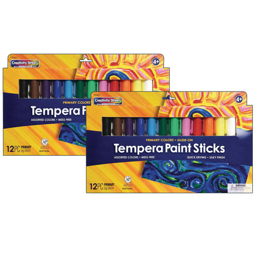 Creativity Glide-On Tempera Paint Sticks, 12 Assorted Primary Colors, 5 Grams, 12 Per Pack, 2 Packs PACAC9911-2