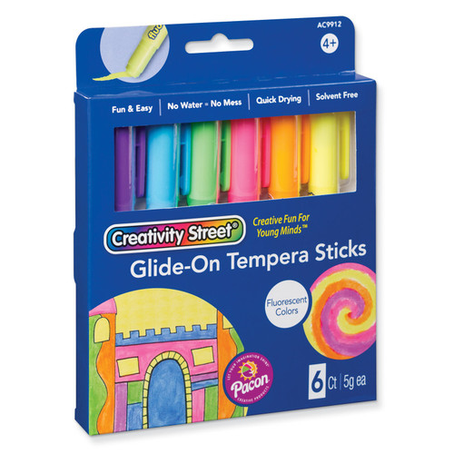 Creativity Glide-On Tempera Paint Sticks, 6 Assorted Fluorescent Colors, 5 Grams, 6 Count PACAC9912