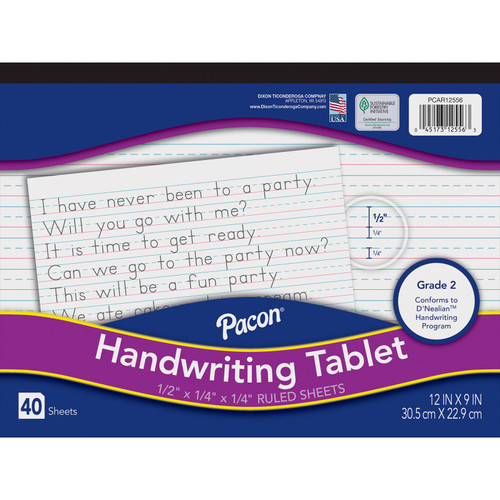 Pacon Handwriting Tablet, White, 1/2 In X 1/4 In X 1/4 In Ruled Long, 12" X 9", 40 Sheets PACCAR12556