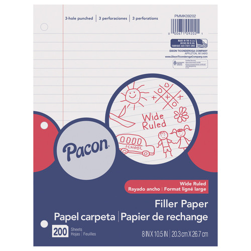 Pacon Filler Paper, White, 3-Hole Punched, Red Margin, 3/8" Ruled, 8" X 10.5", 200 Sheets PACMMK09202