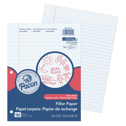 Pacon Filler Paper, White, 3-Hole Punched, Red Margin, 3/8" Ruled, 8" X 10-1/2", 150 Sheets PACMMK09250