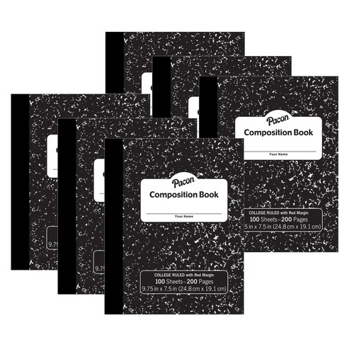 Pacon Composition Book, Black Marble, 9/32" Ruled W/ Margin, 9-3/4" X 7-1/2", 100 Sheets, Pack Of 6 PACMMK37106-6