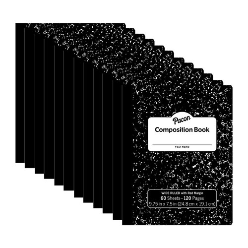 Pacon Composition Book, Black Marble, 3/8" Ruled W/Margin, 9-3/4" X 7-1/2", 60 Sheets, Pack Of 12 PACMMK37118-12