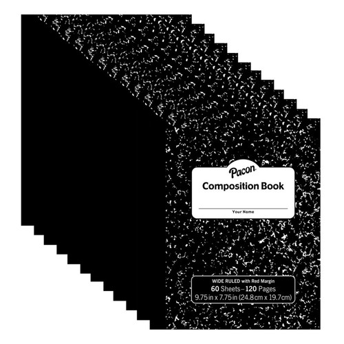 Pacon Composition Book, Black Marble, 3/8" Ruled W/Margin, 9-3/4" X 7-3/4", 60 Sheets, Pack Of 12 PACMMK37130-12