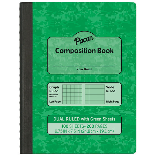 Pacon Dual Ruled Composition Book, Green, 1/4 In Grid And 3/8 In (Wide) 9-3/4" X 7-1/2", 100 Sheets PACMMK37162