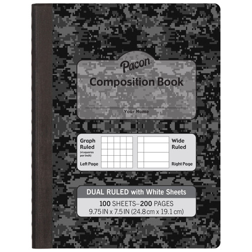 Pacon Dual Ruled Composition Book, Dark Gray Marble, 1/4" Grid & 3/8" Wide Ruled, 9-3/4" X 7-1/2", 100 Sheets PACMMK37164