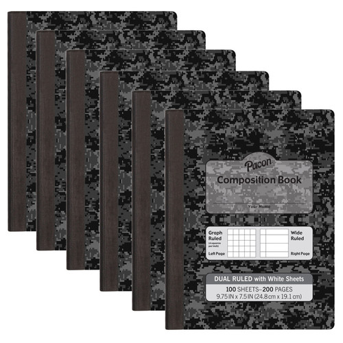 Pacon Dual Ruled Composition Book, Dark Gray Marble, 1/4" Grid & 3/8" Wide Ruled, 9-3/4" X 7-1/2", 100 Sheets, Pack Of 6 PACMMK37164-6