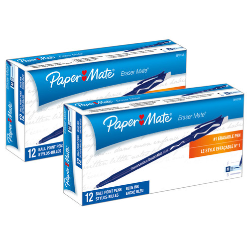 Paper Eraser Mate Erasable Pen, Medium Point, Blue, 12 Per Pack, 2 Packs PAP39101-2