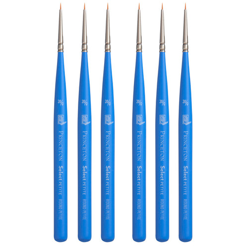 Princeton Select Artiste Round Brush, Synthetic Bristles, Short Handle Mixed Media Paintbrush, Jewel Blue, Size 20/0, Pack Of 6 PBXP3750MR200-6