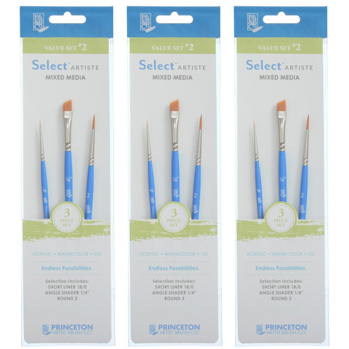 Princeton Select Artiste Brush Set No. 2, Synthetic Bristles, Short Handle Mixed Media Paintbrush, Jewel Blue, 3 Per Set, 3 Sets PBXP3750SET102-3