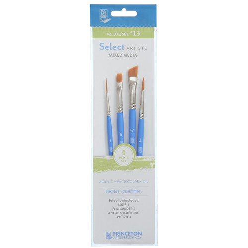 Princeton Select Artiste Brush Set No. 13, Synthetic Bristles, Short Handle Mixed Media Paintbrush, Jewel Blue, 4 Pieces PBXP3750SET113