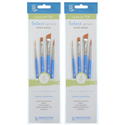 Princeton Select Artiste Brush Set No. 13, Synthetic Bristles, Short Handle Mixed Media Paintbrush, Jewel Blue, 4 Per Set, 2 Sets PBXP3750SET113-2