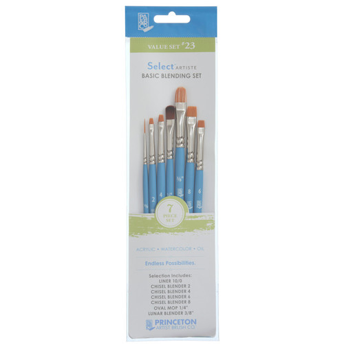 Princeton Select Artiste Brush Set No. 23, Synthetic Bristles, Short Handle Mixed Media Paintbrush, Jewel Blue, 7 Pieces PBXP3750SET123