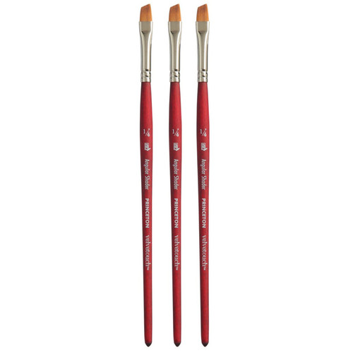 Princeton Velvetouch Angle Shader Brush, Synthetic Bristles, Short Handle Mixed Media Paintbrush, Scarlet, Size 1/4 Inch, Pack Of 3 PBXP3950AS025-3