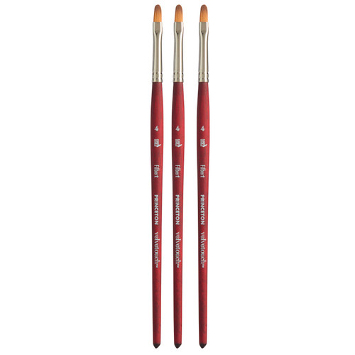 Princeton Velvetouch Filbert Brush, Synthetic Bristles, Short Handle Mixed Media Paintbrush, Scarlet, Size 4, Pack Of 3 PBXP3950FB4-3