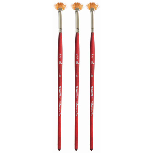 Princeton Velvetouch Fan Brush, Synthetic Bristles, Short Handle Mixed Media Paintbrush, Scarlet, Size 10/0, Pack Of 3 PBXP3950FN100-3