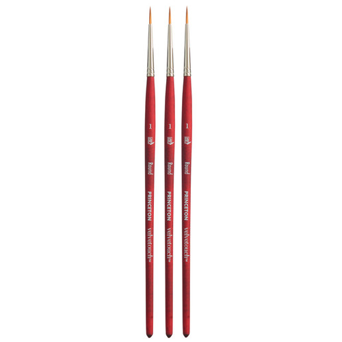 Princeton Velvetouch Round Brush, Synthetic Bristles, Short Handle Mixed Media Paintbrush, Scarlet, Size 1, Pack Of 3 PBXP3950R1-3