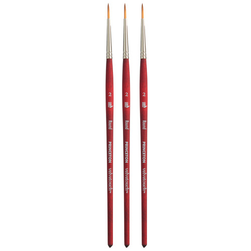 Princeton Velvetouch Round Brush, Synthetic Bristles, Short Handle Mixed Media Paintbrush, Scarlet, Size 2, Pack Of 3 PBXP3950R2-3