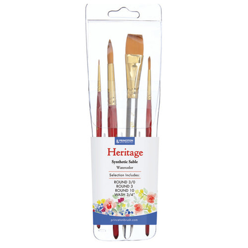Princeton Heritage Brush Set, Synthetic Bristles, Short Handle Watercolor Paintbrush, Scarlet, 4 Pieces PBXP4050SET200
