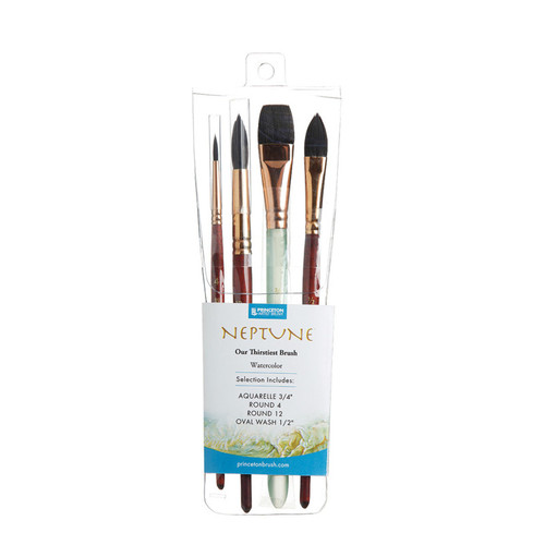 Princeton Neptune Watercolor Brush Set, Synthetic Bristles, Short Handle Watercolor Paintbrush, Dark Wood, 4 Pieces PBXP4750SET300