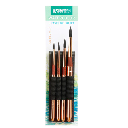 Princeton Neptune Watercolor Brush Set, Synthetic Bristles, Short Handle Watercolor Paintbrush, Gold, 4 Pieces PBXP4750TRSET