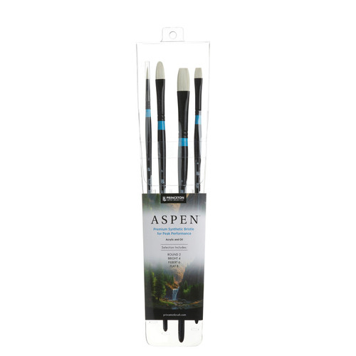 Princeton Aspen Brush Set, Synthetic Bristles, Long Handle Acrylic & Oil Paintbrush, Black, 4 Pieces PBXP6500SET400
