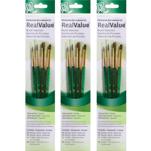 Princeton Realvalue Brush Set, Camel Bristles, Short Handle Mixed Media Paintbrush, Green, 4 Per Set, 3 Sets PBXPR9110-3