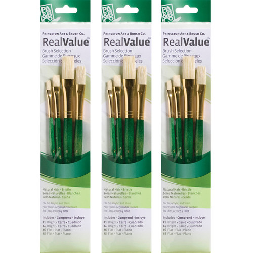 Princeton Realvalue Brush Set, Natural Bristles, Short Handle Mixed Media Paintbrush, Green, 4 Per Set, 3 Sets PBXPR9112-3