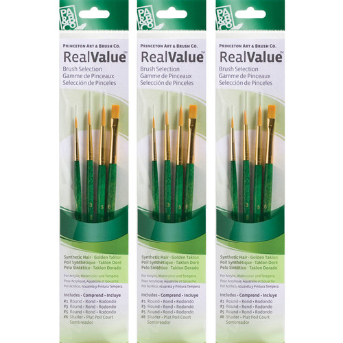 Princeton Realvalue Brush Set, Gold Taklon Bristles, Short Handle Mixed Media Paintbrush, Brown, 4 Per Set, 3 Sets PBXPR9115-3
