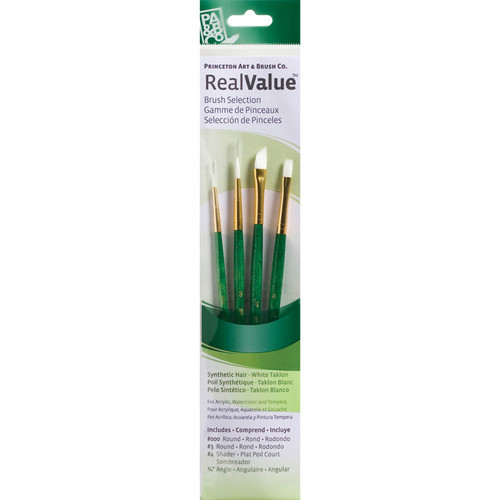 Princeton Realvalue Brush Set, White Taklon Bristles, Short Handle Mixed Media Paintbrush, Green, 4 Pieces PBXPR9117