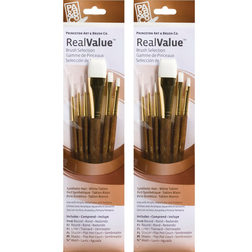 Princeton Realvalue Brush Set, White Taklon Bristles, Short Handle Mixed Media Paintbrush, Brown, 6 Per Set, 2 Sets PBXPR9140-2