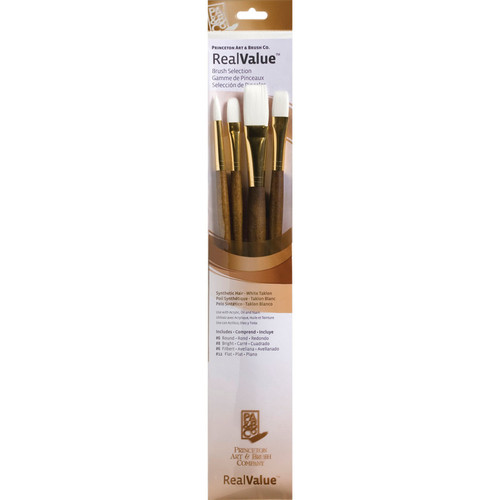 Princeton Realvalue Brush Set, White Taklon Bristles, Long Handle Mixed Media Paintbrush, Brown, 4 Pieces PBXPR9147
