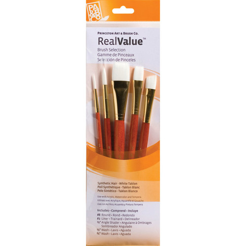 Princeton Realvalue Brush Set, White Taklon Bristles, Short Handle Mixed Media Paintbrush, Orange, 5 Pieces PBXPR9151