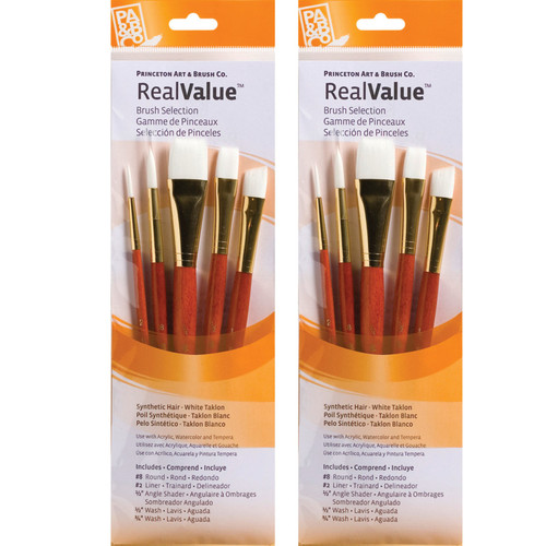 Princeton Realvalue Brush Set, White Taklon Bristles, Short Handle Mixed Media Paintbrush, Orange, 5 Per Set, 2 Sets PBXPR9151-2