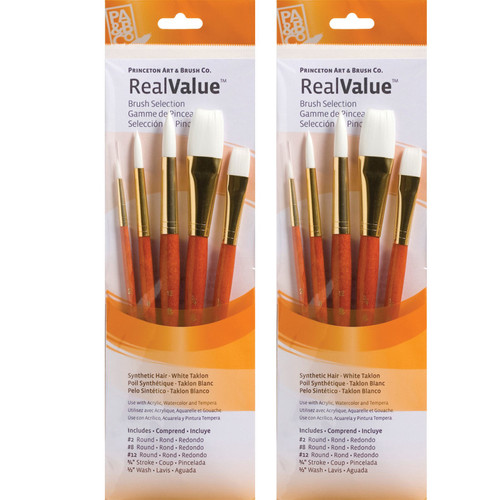 Princeton Realvalue Brush Set, White Taklon Bristles, Short Handle Mixed Media Paintbrush, Orange, 5 Per Set, 2 Sets PBXPR9152-2