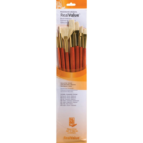 Princeton Realvalue Brush Set, Natural Bristles, Long Handle Mixed Media Paintbrush, Orange, 7 Pieces PBXPR9154