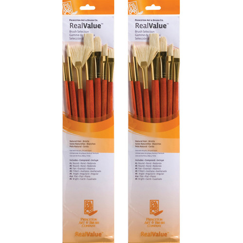 Princeton Realvalue Brush Set, Natural Bristles, Long Handle Mixed Media Paintbrush, Orange, 7 Per Set, 2 Sets PBXPR9154-2