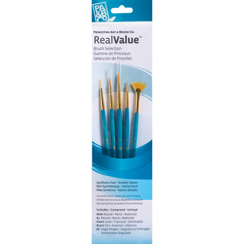 Princeton Realvalue Brush Set, Gold Taklon Bristles, Short Handle Mixed Media Paintbrush, Blue, 4 Pieces PBXPR9170
