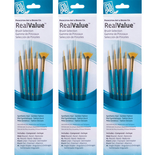 Princeton Realvalue Brush Set, Gold Taklon Bristles, Short Handle Mixed Media Paintbrush, Blue, 4 Per Set, 3 Sets PBXPR9170-3