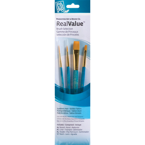 Princeton Realvalue Brush Set, Gold Taklon Bristles, Short Handle Mixed Media Paintbrush, Blue, 4 Pieces PBXPR9172